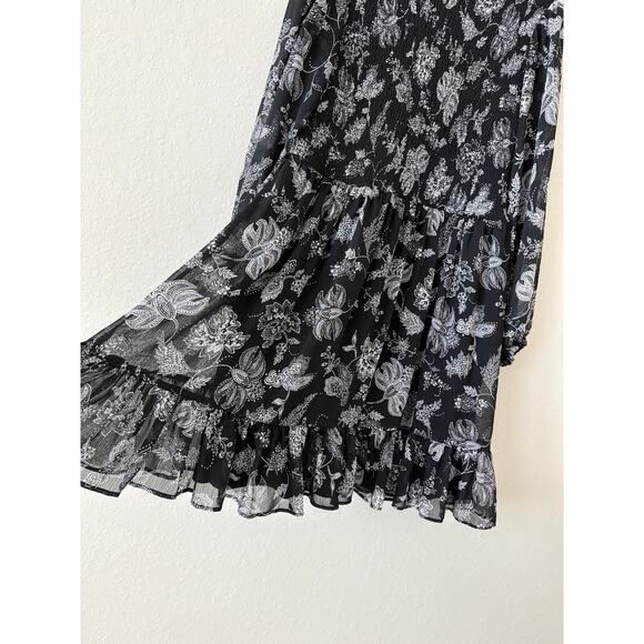 HARPER 241 Black White Floral Chiffon Mini Dress Womens Size 8 High Neck Ruffled - Picture 3 of 10